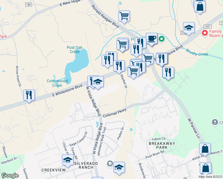 map of restaurants, bars, coffee shops, grocery stores, and more near 2700 East Whitestone Boulevard in Cedar Park