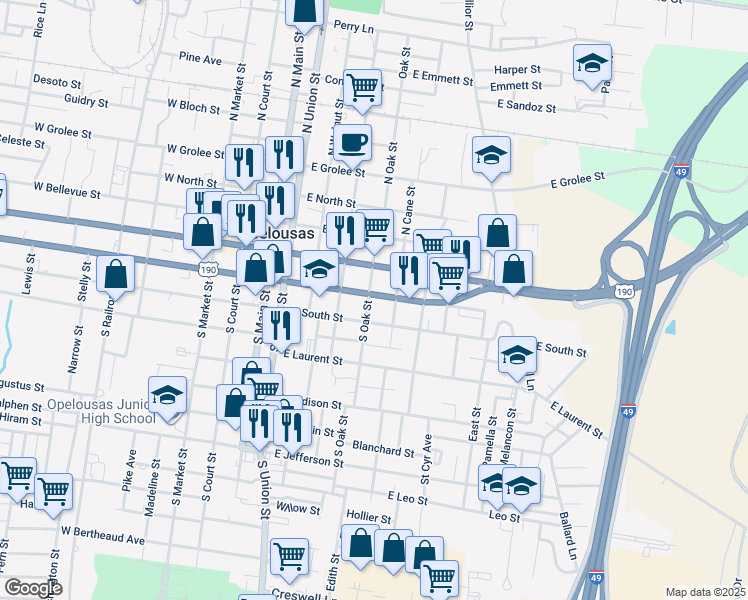 map of restaurants, bars, coffee shops, grocery stores, and more near 606 East Vine Street in Opelousas
