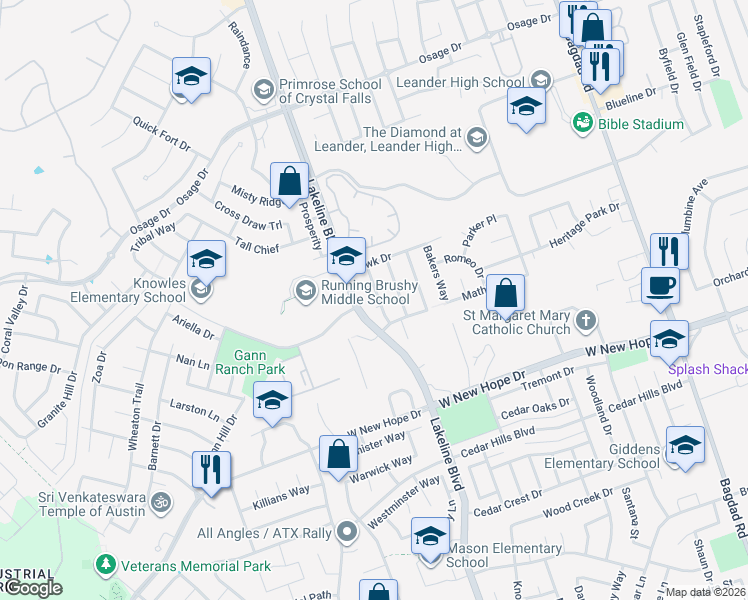 map of restaurants, bars, coffee shops, grocery stores, and more near 1601 Feta Court in Cedar Park