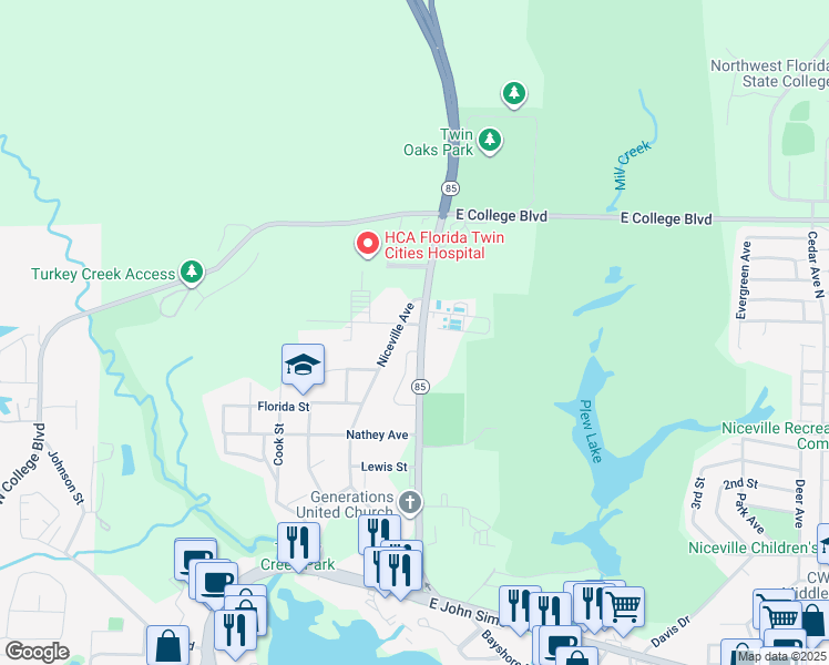 map of restaurants, bars, coffee shops, grocery stores, and more near 490 Highway 85 North in Niceville