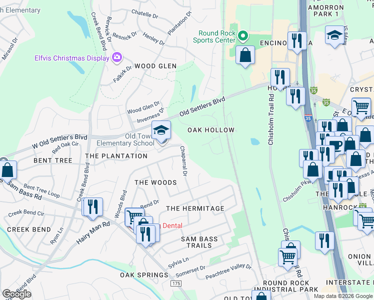 map of restaurants, bars, coffee shops, grocery stores, and more near 2103 Chaparral Drive in Round Rock