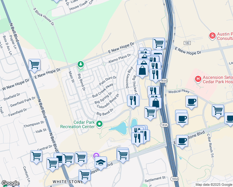 map of restaurants, bars, coffee shops, grocery stores, and more near 804 Big Spring Drive in Cedar Park