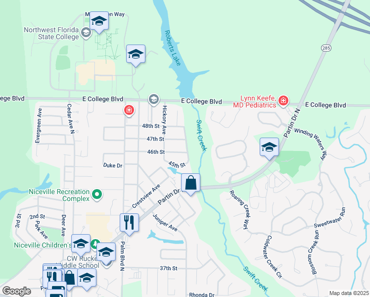 map of restaurants, bars, coffee shops, grocery stores, and more near 1131 46th Street in Niceville