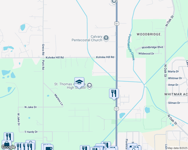 map of restaurants, bars, coffee shops, grocery stores, and more near 14548 Honeysuckle Street in Hammond