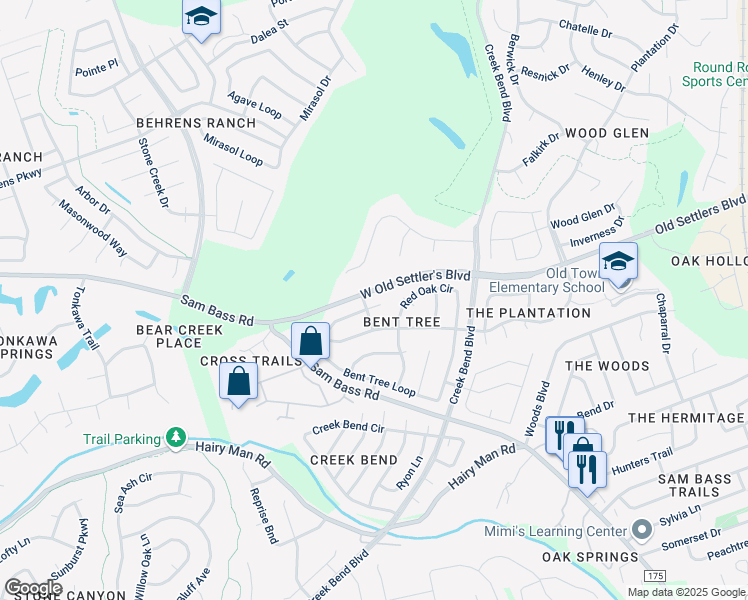 map of restaurants, bars, coffee shops, grocery stores, and more near 3108 Bent Tree Cove in Round Rock