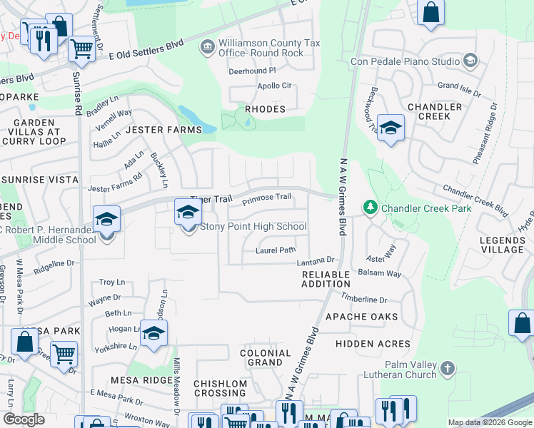 map of restaurants, bars, coffee shops, grocery stores, and more near 1801 Honeysuckle Lane in Round Rock