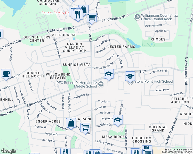map of restaurants, bars, coffee shops, grocery stores, and more near 1611 Vera Way in Round Rock