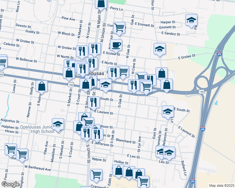 map of restaurants, bars, coffee shops, grocery stores, and more near 606 East Vine Street in Opelousas