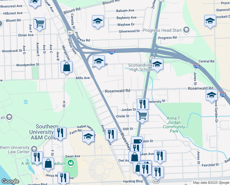 map of restaurants, bars, coffee shops, grocery stores, and more near 1040 Rosenwald Road in Baton Rouge