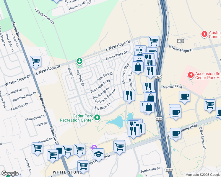 map of restaurants, bars, coffee shops, grocery stores, and more near 804 Big Spring Drive in Cedar Park