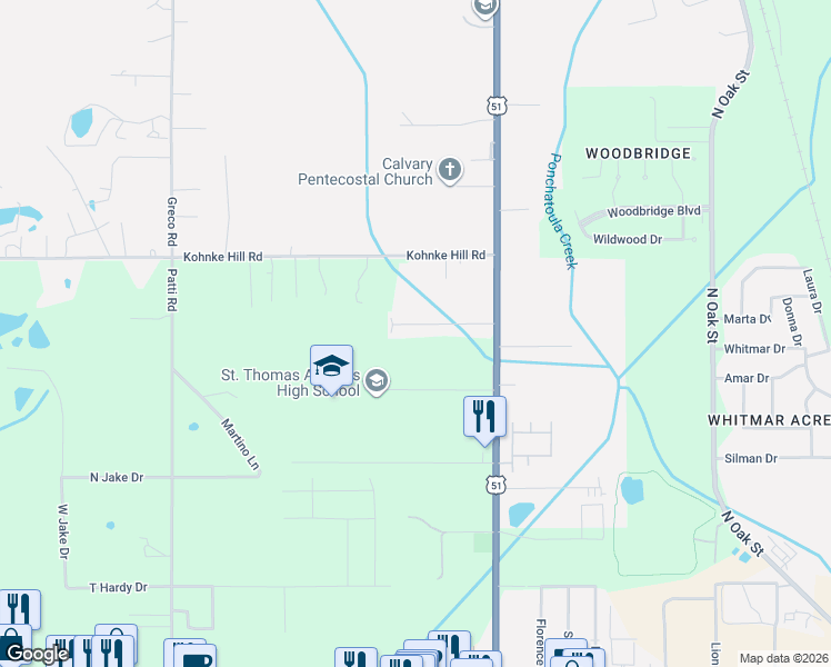 map of restaurants, bars, coffee shops, grocery stores, and more near 14548 Honeysuckle Street in Hammond