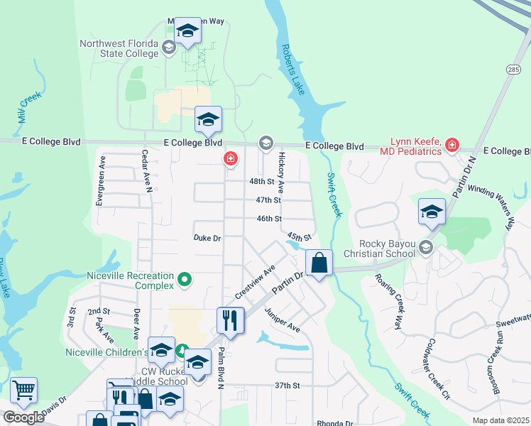 map of restaurants, bars, coffee shops, grocery stores, and more near 1037 46th Street in Niceville