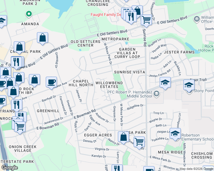 map of restaurants, bars, coffee shops, grocery stores, and more near 403 Cypress Lane in Round Rock