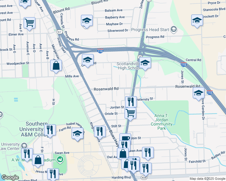 map of restaurants, bars, coffee shops, grocery stores, and more near 1130 Rosenwald Road in Baton Rouge