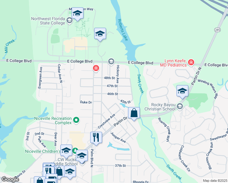 map of restaurants, bars, coffee shops, grocery stores, and more near 1037 46th Street in Niceville