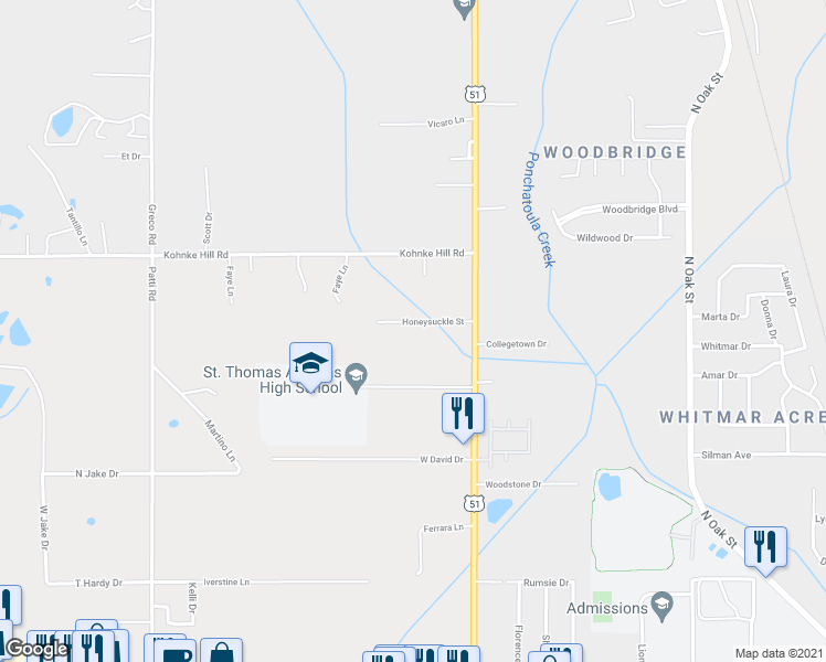 map of restaurants, bars, coffee shops, grocery stores, and more near 14578 Honeysuckle Street in Hammond