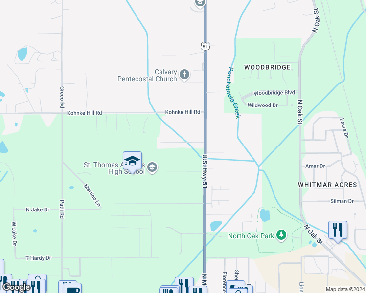 map of restaurants, bars, coffee shops, grocery stores, and more near 14594 Honeysuckle Street in Hammond