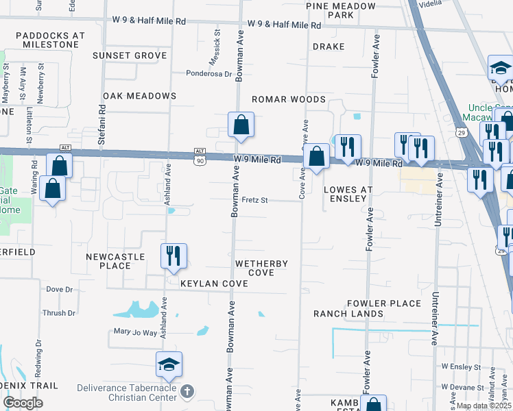 map of restaurants, bars, coffee shops, grocery stores, and more near 1223 Fretz Street in Pensacola