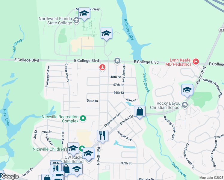 map of restaurants, bars, coffee shops, grocery stores, and more near 410 Fir Avenue in Niceville