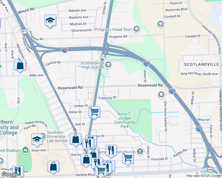 map of restaurants, bars, coffee shops, grocery stores, and more near 1590 Rosenwald Road in Baton Rouge