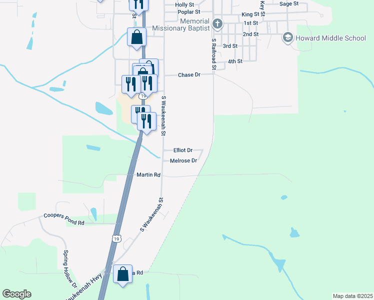 map of restaurants, bars, coffee shops, grocery stores, and more near Elliot Drive in Monticello