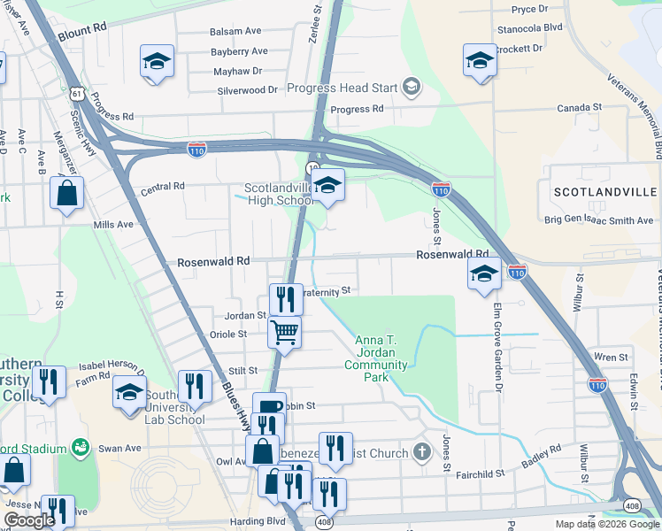 map of restaurants, bars, coffee shops, grocery stores, and more near 1590 Rosenwald Road in Baton Rouge