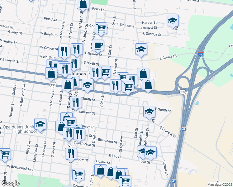 map of restaurants, bars, coffee shops, grocery stores, and more near 723 Ronald Reagan Highway in Opelousas