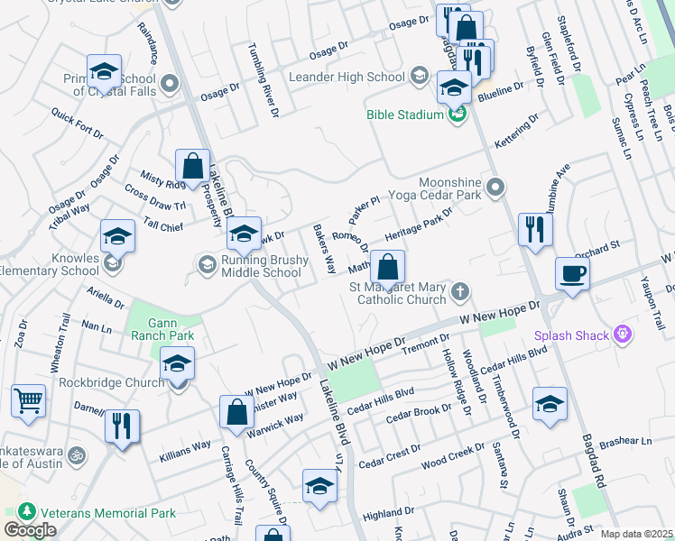 map of restaurants, bars, coffee shops, grocery stores, and more near 1400 Mathias Street in Cedar Park