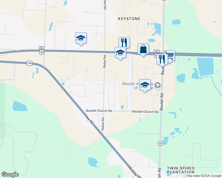 map of restaurants, bars, coffee shops, grocery stores, and more near 9600 Rebel Road in Pensacola