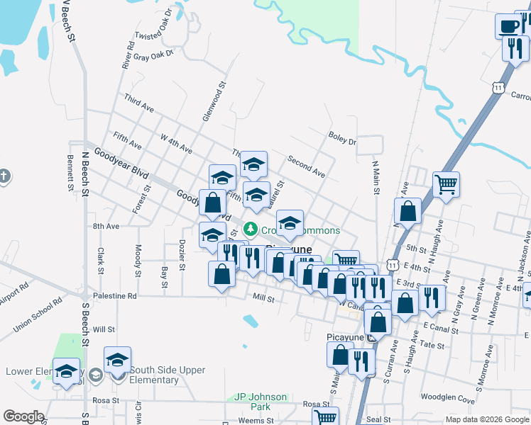 map of restaurants, bars, coffee shops, grocery stores, and more near 401 Laurel Street in Picayune