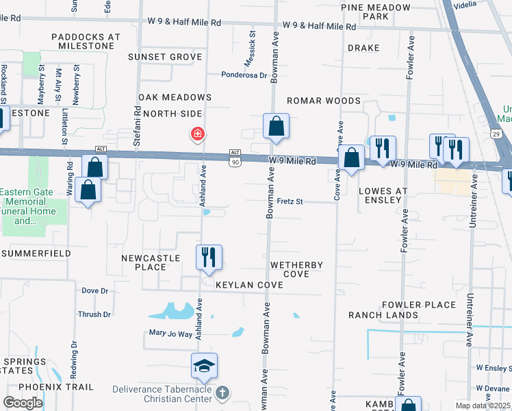 map of restaurants, bars, coffee shops, grocery stores, and more near 9203-9259 Bowman Avenue in Pensacola