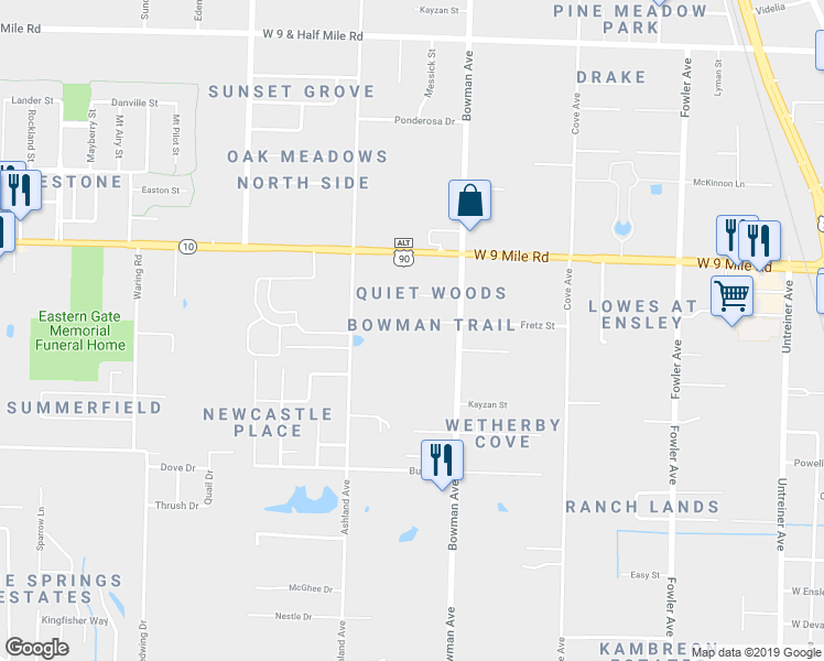 map of restaurants, bars, coffee shops, grocery stores, and more near 1381 Jasma Lane in Pensacola