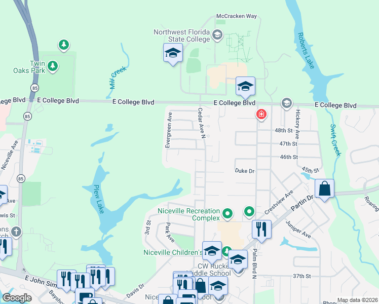 map of restaurants, bars, coffee shops, grocery stores, and more near 111 Cedar Ridge Way in Niceville