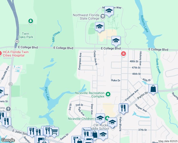 map of restaurants, bars, coffee shops, grocery stores, and more near 109 Cedar Ridge Way in Niceville
