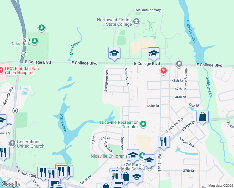 map of restaurants, bars, coffee shops, grocery stores, and more near 111 Cedar Ridge Way in Niceville