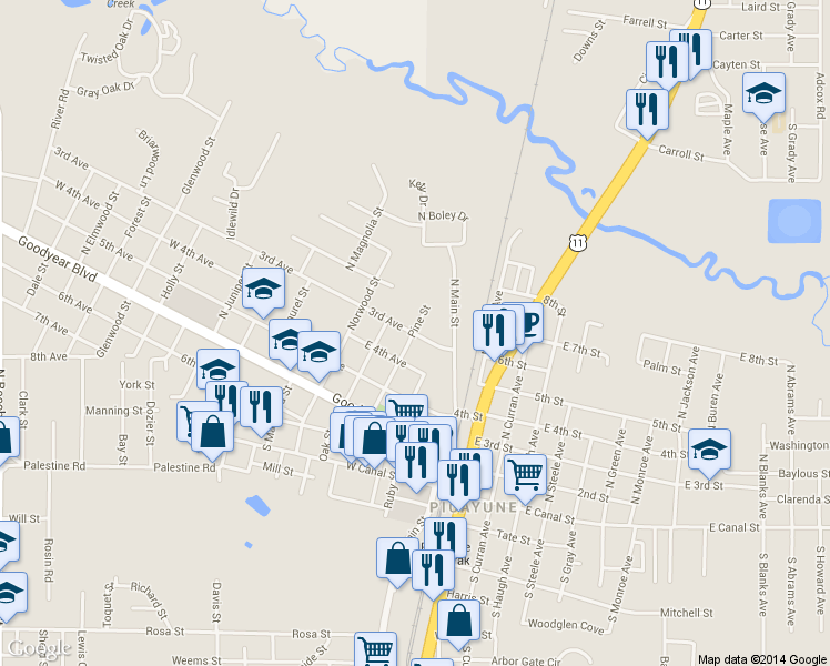 map of restaurants, bars, coffee shops, grocery stores, and more near 398 3rd Ave in Picayune
