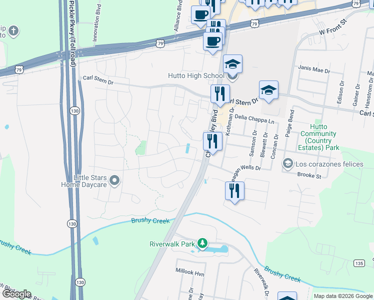map of restaurants, bars, coffee shops, grocery stores, and more near 1310 Knowles Drive in Hutto