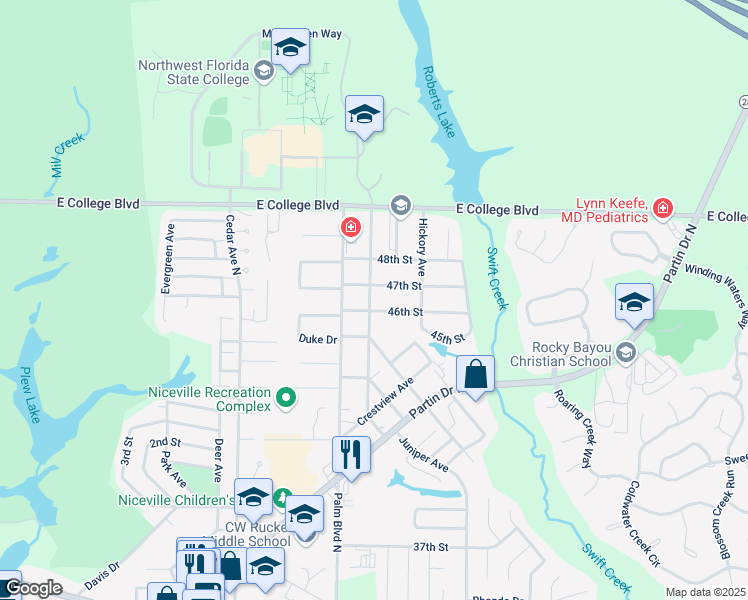 map of restaurants, bars, coffee shops, grocery stores, and more near 410 Fir Avenue in Niceville