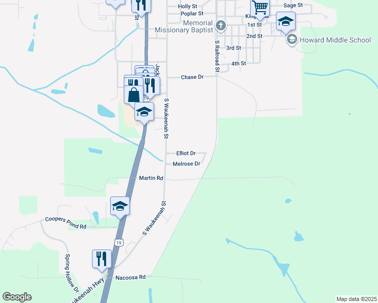 map of restaurants, bars, coffee shops, grocery stores, and more near Elliot Drive in Monticello