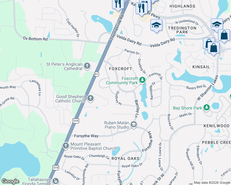 map of restaurants, bars, coffee shops, grocery stores, and more near 3005 Godfrey Place in Tallahassee