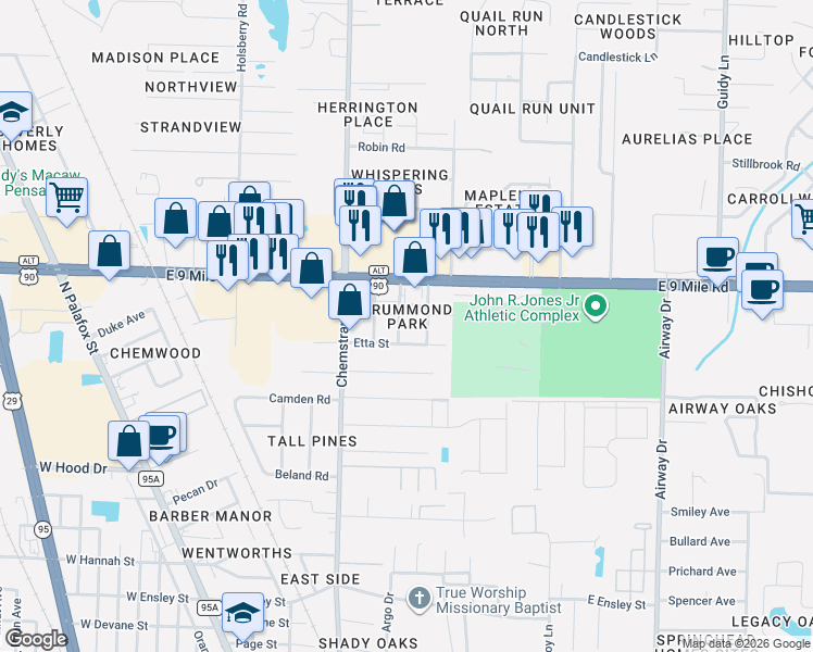 map of restaurants, bars, coffee shops, grocery stores, and more near 240 Etta Street in Pensacola