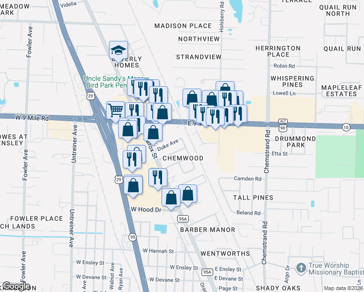 map of restaurants, bars, coffee shops, grocery stores, and more near 13 Cambridge Avenue in Pensacola