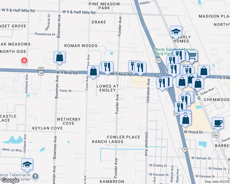map of restaurants, bars, coffee shops, grocery stores, and more near 9100 Fowler Avenue in Pensacola