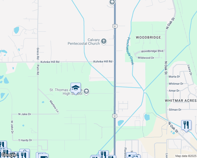 map of restaurants, bars, coffee shops, grocery stores, and more near 14548 Honeysuckle Street in Hammond