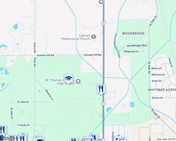 map of restaurants, bars, coffee shops, grocery stores, and more near 14548 Honeysuckle Street in Hammond