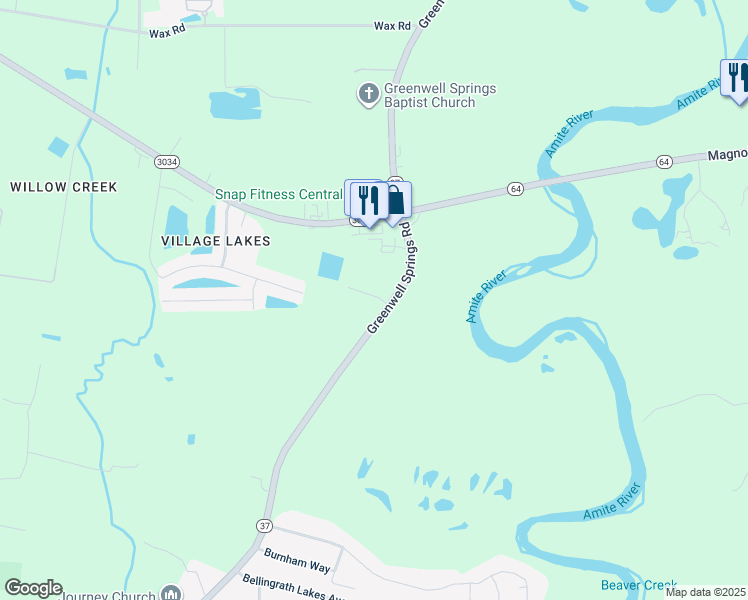 map of restaurants, bars, coffee shops, grocery stores, and more near 18819 Greenwell Springs Road in Central