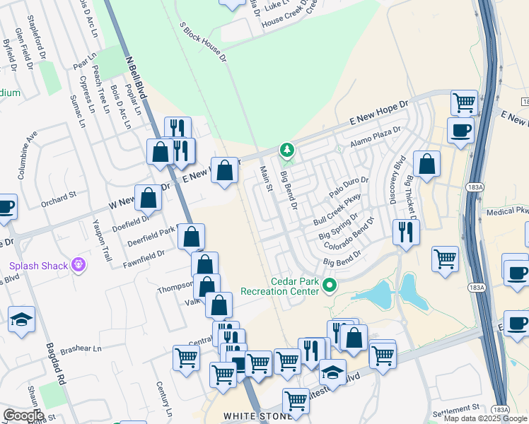 map of restaurants, bars, coffee shops, grocery stores, and more near 1715 Lost Maples Loop in Cedar Park