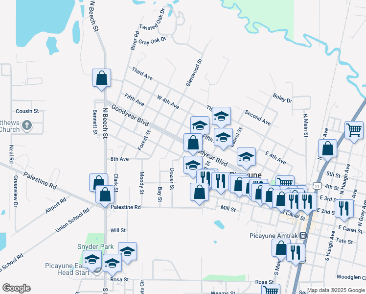 map of restaurants, bars, coffee shops, grocery stores, and more near 301111 Goodyear Boulevard in Picayune