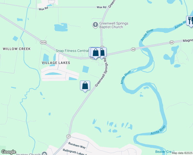 map of restaurants, bars, coffee shops, grocery stores, and more near 18819 Greenwell Springs Road in Central