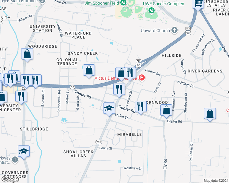 map of restaurants, bars, coffee shops, grocery stores, and more near 9357 North Davis Highway in Pensacola